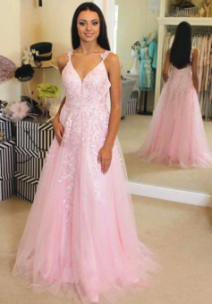 A Line V Neck Pink Lace Long Prom Evening Dresses