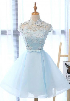 A Line Blue tulle lace short prom dress