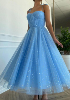 A Line Blue tulle tea length prom dress