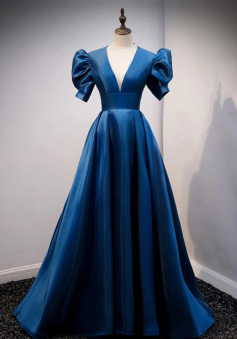 Floor Length Blue v neck satin long prom dress