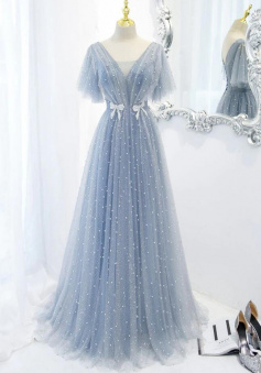 Charming Blue v neck tulle beads long prom dress