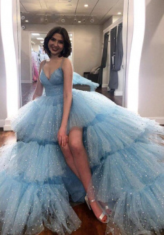 High Low Blue v neck tulle prom dress