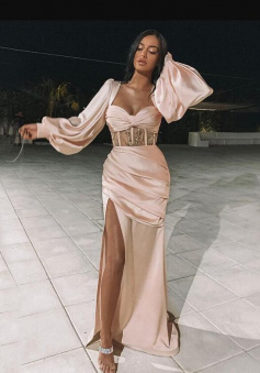 Blush Pink Sweetheart Long Sleeves Side-slit Prom Dress