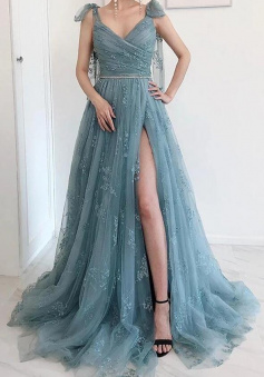 A-line Bow Tie Straps Prom Dresses With Split
