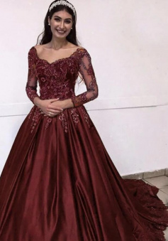 Mermaid Burgundy Prom Dress Long Sleeve With Lace Applique