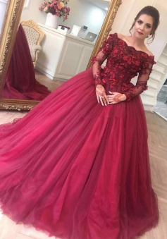Off-the-Shoulder Long Sleeves Burgundy Tulle Ball Gown Prom Dresses