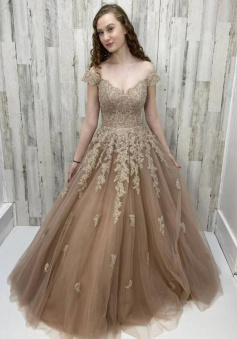 Off shoulder tulle champagne lace long prom dress