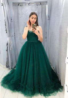 Spaghetti Straps Dark Green Tulle A Line Prom Dresses