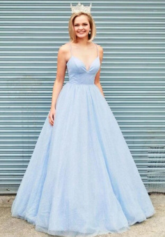 Elegant A-line V Neck Light Blue Prom Dresses