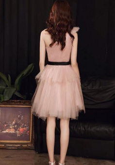 A Line short rose pink prom dresses