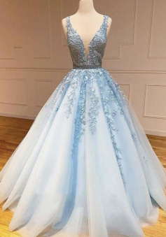 A Line v neck blue lace prom dresses