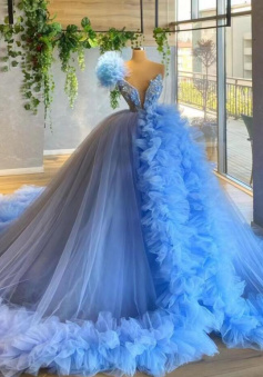 Elegant ball gown blue tulle prom dresses