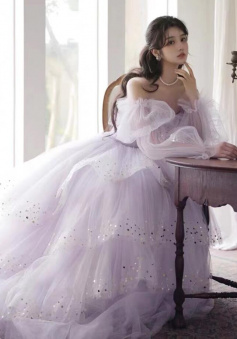 Off the shoulder lavender sparkly prom dresses