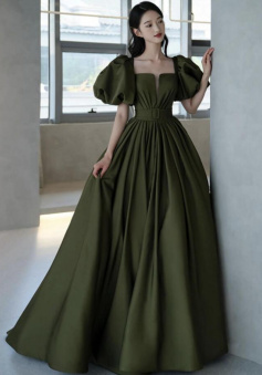 Vintage dark green satin prom dress