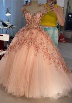 Elegant pink cap sleeve prom dresses with 3d flowers
