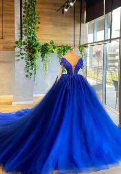 Mermaid Ball Gown V neck Tulle Royal Blue Prom Dresses