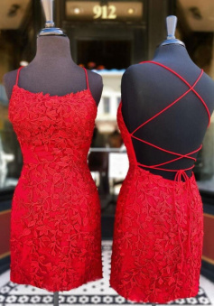 Cute red short evening dress with lace applique