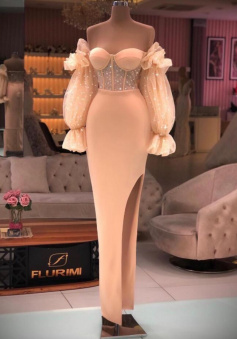 Off the shoulder champagne evening dress