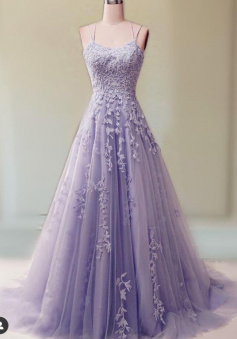 A LIne purple lace applique prom dress