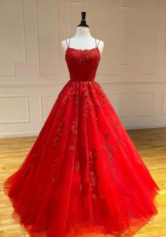 Spaghetti straps red lace applique prom dress
