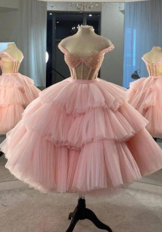 Elegant pink tulle prom dresses