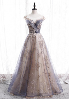 A Line tulle sequins long prom evening dress