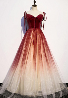 A Line Burgundy ombre tulle long velvet ball gown evening dress