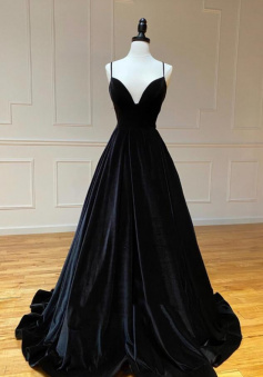 Simple v neck long black velvet evening dress