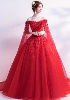 A line Red lace long prom dress
