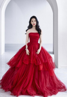 A line ball gown tulle red evening dress