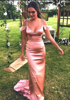 Elegant Spaghetti Strap Shiny Pink V-neck Mermaid Prom Dress