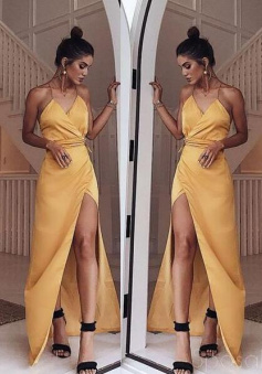 Charming Spaghetti Strap Yellow Long Prom Dresses With Side-slit