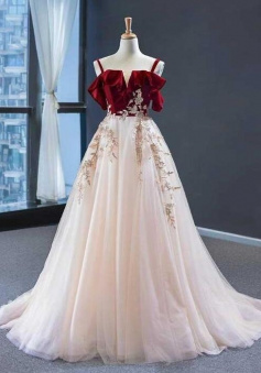 Elegant Tulle with Velvet Red Long Prom Formal Dress