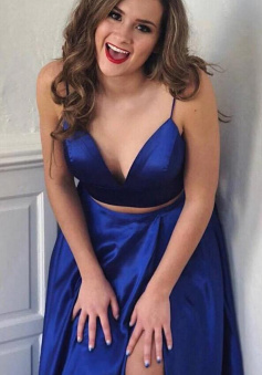 Floor Length Two Piece Royal Blue Prom Dresses With Split