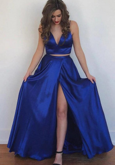 Floor Length Two Piece Royal Blue Prom Dresses With Split