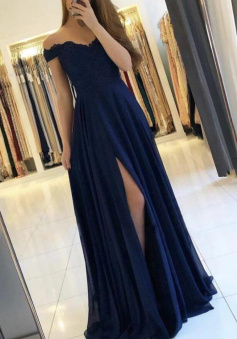 A Line Dark blue chiffon long prom dress