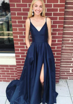 Spaghetti Strap Long Satin Split Evening Dress