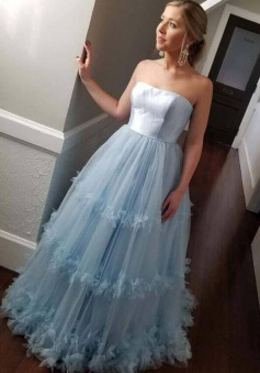 Strapless Light Blue Ball Gown Prom Dresses