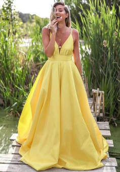 Spaghetti Straps V-neck Long Empire Yellow Prom Dresses