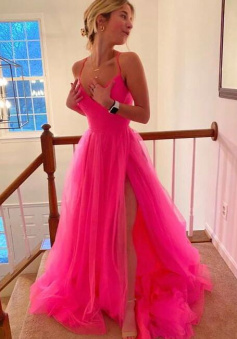Hot Pink A-line V-neck Long Prom Dress