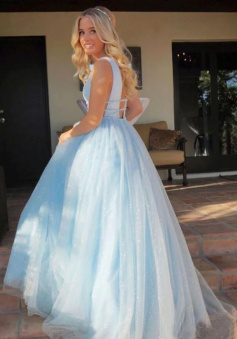 Charming Light Sky Blue Sparkly Prom Dress