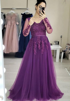 Purple Tulle Long Sleeves Prom Dresses With Lace Applique