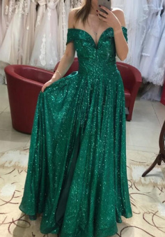 Off Shoulder Bling Bling Green Sequins Long Prom Dresses