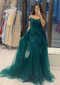 Off Shoulder Green Lace Long Prom Dresses