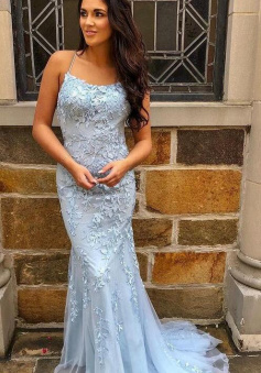 Mermaid Light Sky Blue Long Backless Tulle Prom Dresses