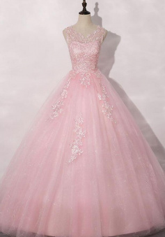 A Line Pink round neck tulle lace long prom dresss