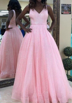 A Line Pink Sleeveless Sparkle V-neck  Prom Dresses