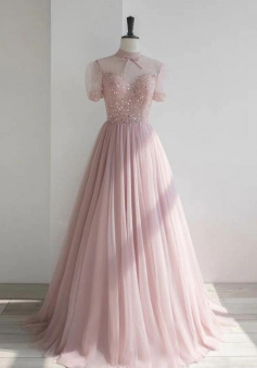 A Line Pink round neck sequin long tulle prom dress