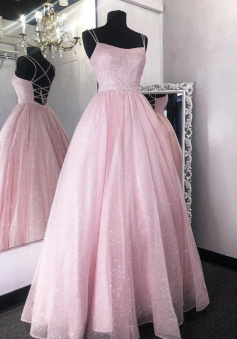 SImple A Line Pink tulle sequin long prom dress