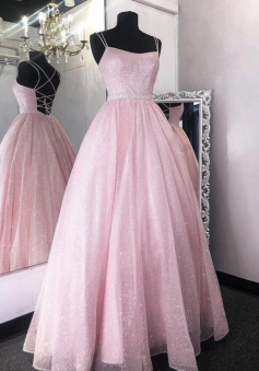 SImple A Line Pink tulle sequin long prom dress